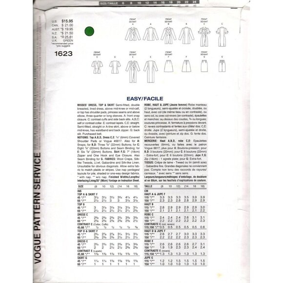 Vogue 1623 Misses 8 to 12 Dress, Top, and Skirt Vintage Uncut Sewing Pattern - Picture 2 of 2
